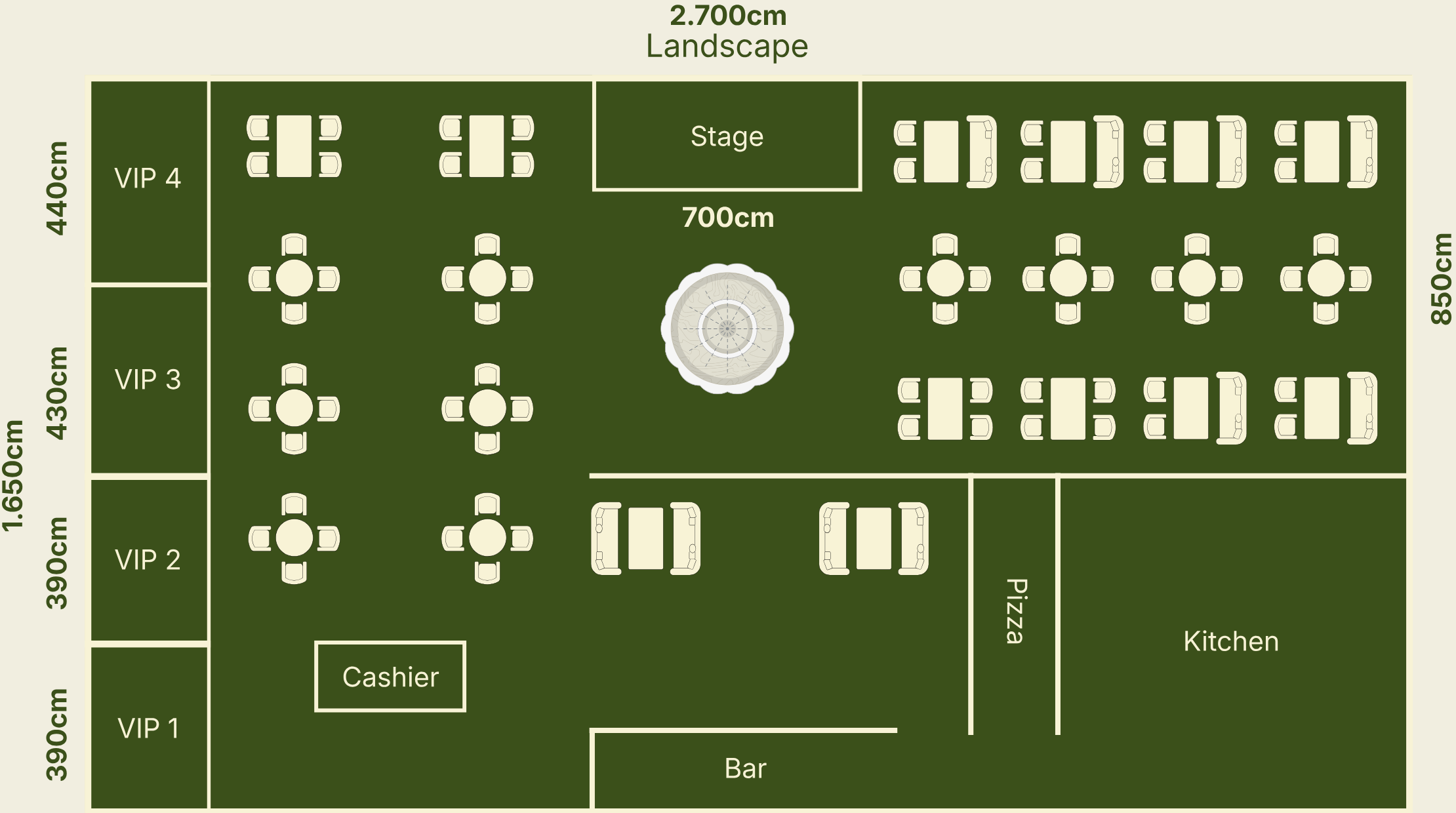 Denah lantai Nassa: 2.700cm x 1.650cm, VIP 1-4, stage, bar, kitchen